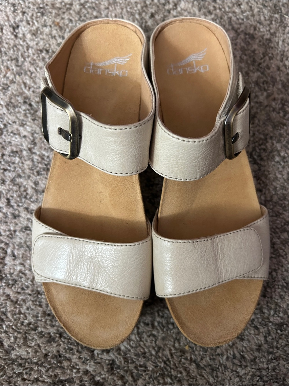 Dansko Women's Cream Leather Double-Strap Slide Sandals with Buckle, Size 37